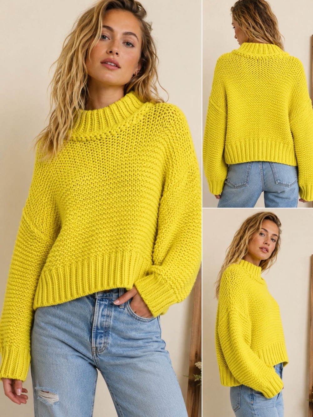 Free People My Only Sunshine Chunky Knit Mock Neck Sweater Yellow S
